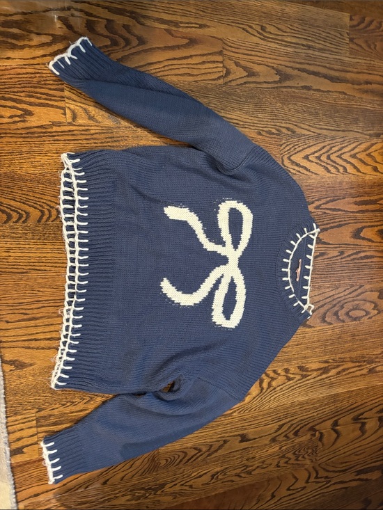 Bailey Rose Sweaters - Women's Navy Crewneck Sweater with Cream Bow Accent